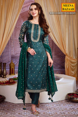 Bottle Green Maslin Zari Sequins Embroidered Unstitched Suit