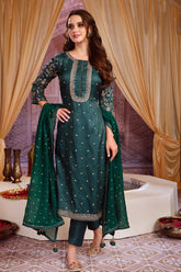 Bottle Green Maslin Zari Sequins Embroidered Unstitched Suit