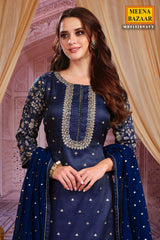 Navy Silk Zari and Sequins Embroidered Unstitched Suit