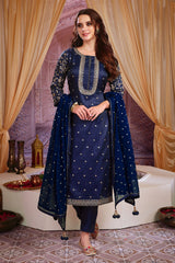 Navy Silk Zari and Sequins Embroidered Unstitched Suit