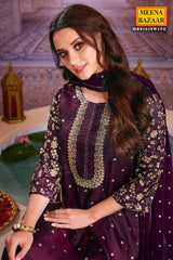 Wine Silk Zari and Sequins Embroidered Unstitched Suit