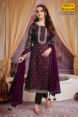Wine Silk Zari and Sequins Embroidered Unstitched Suit