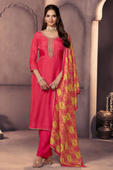 Pink Silk Ready Made Suit with Neck Embroidery