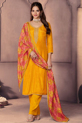 Mustard Silk Ready Made Suit with Neck Embroidery