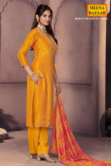 Mustard Silk Ready Made Suit with Neck Embroidery