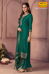 Green Silk Ready Made Suit with Neck Embroidery