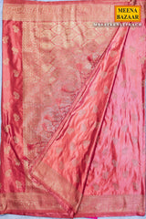 Sateen Peach Silk Weaving Buti Saree