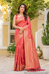Sateen Peach Silk Weaving Buti Saree