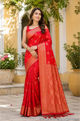 Sateen Red Silk Weaving Buti Saree