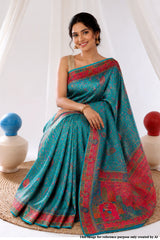 Firozi Silk Blend Zari Woven Saree