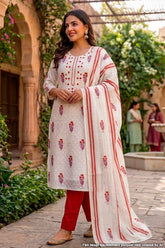 Cream and Red Floral Suit Set