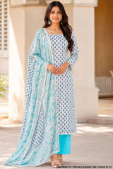 Cream X Firozi Printed Cotton Unstitched Suit Set