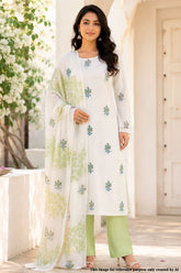 Cream & Pista Printed Cotton Unstitched Suit Set