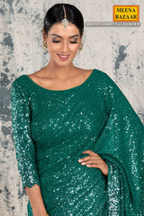 Bottle Green Georgette Sequins Embroidered Saree