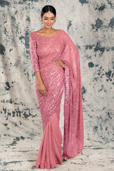Pink Georgette Sequins Embroidered Saree