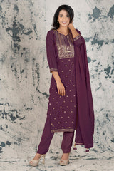 Wine Silk Zari & Sequins Suit Set