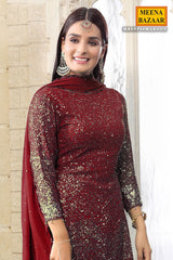 Maroon Georgette Sequins Embroidered Gharara Suit Set