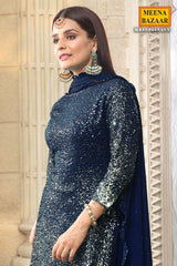 Navy Georgette Sequins Embroidered Gharara Suit Set