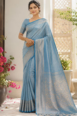 Softy Blue Silk Weaving Jaal Saree