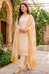 Cream and Mustard Handblock Printed Suit Set