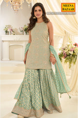 Sea Green Georgette Straight Sharara Suit with Embroidery