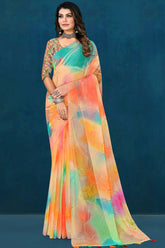 Multicoloured Organza Printed Saree