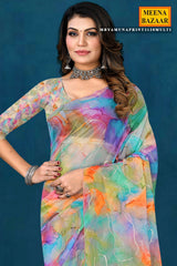 Blue Organza Printed Saree with Stylish Designer Patterns