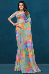 Blue Organza Printed Saree with Stylish Designer Patterns