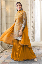 Mustard Georgette Sequins Embroidered Gharara Suit Set