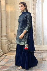 Navy Georgette Sequins Embroidered Gharara Suit Set