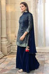 Navy Georgette Sequins Embroidered Gharara Suit Set