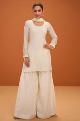 Cream Chinon Embroidered Ready Made Suit - Elegant Festive Wear