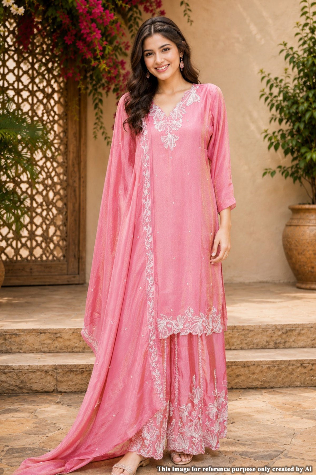 Pink Shimmer Embroidered Straight Suit for Women