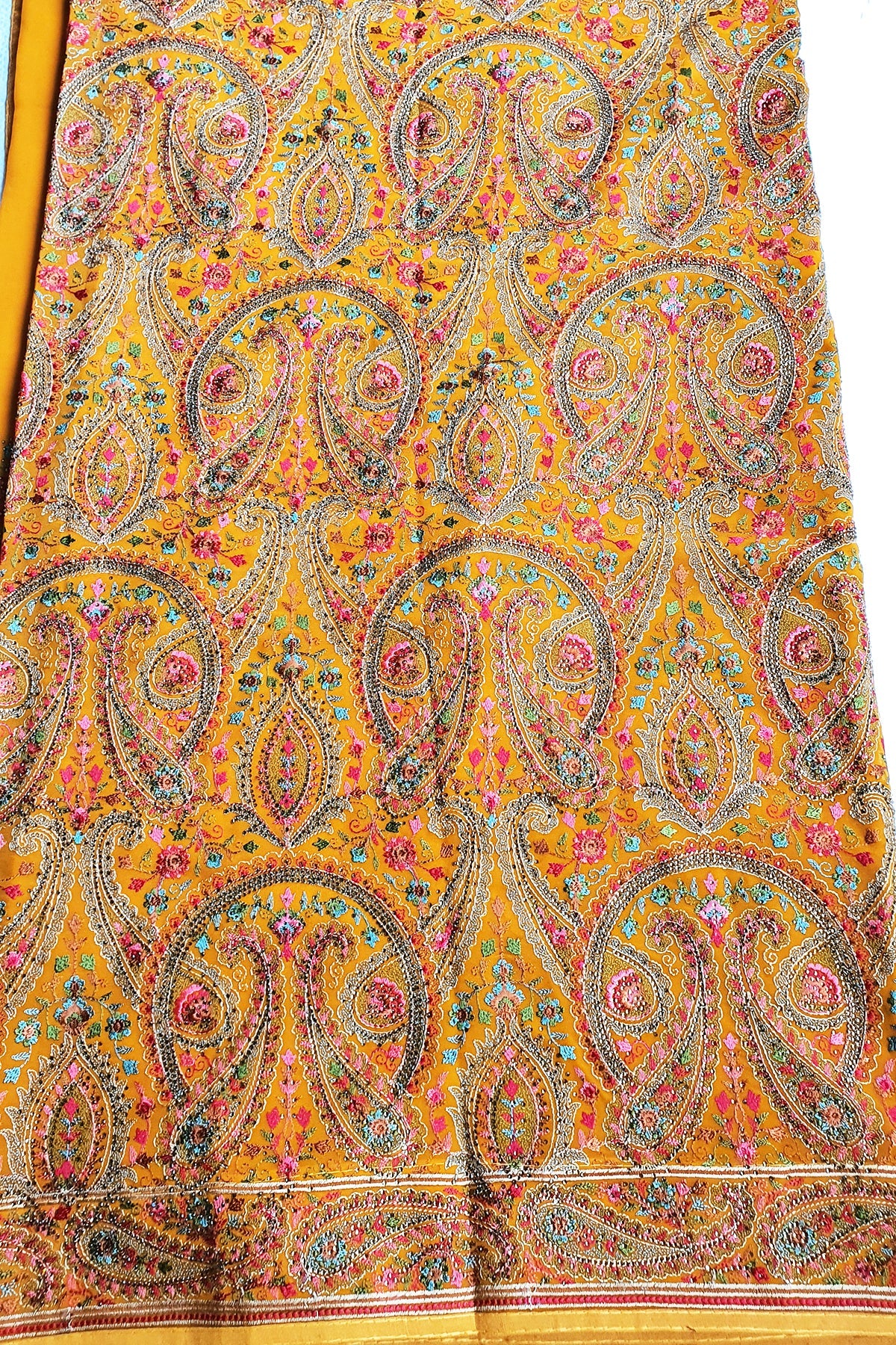 Mustard Georgette Colorful Thread Embroidered Saree