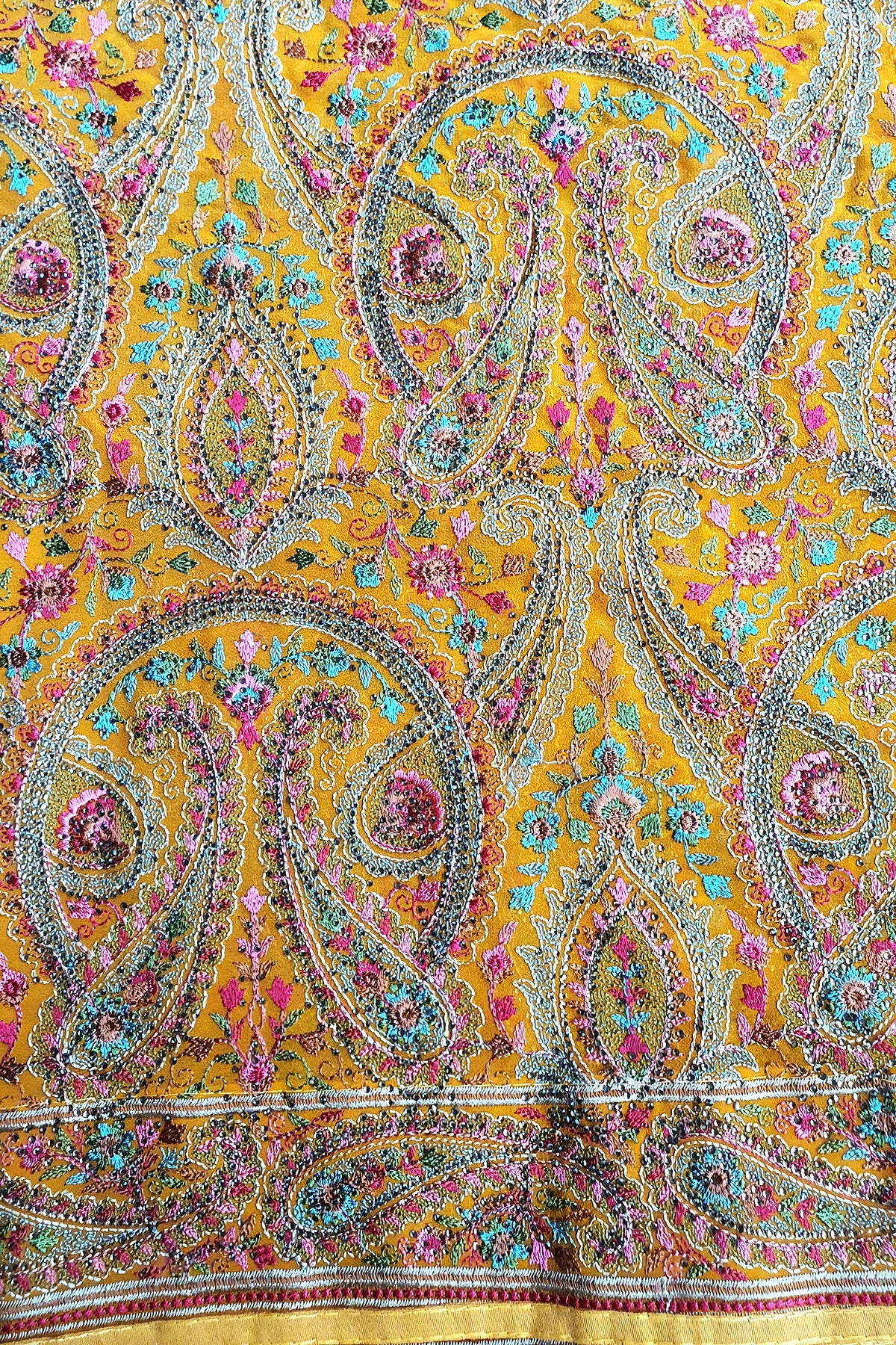 Mustard Georgette Colorful Thread Embroidered Saree
