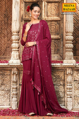 Wine Georgette Embroidered Sharara Suit