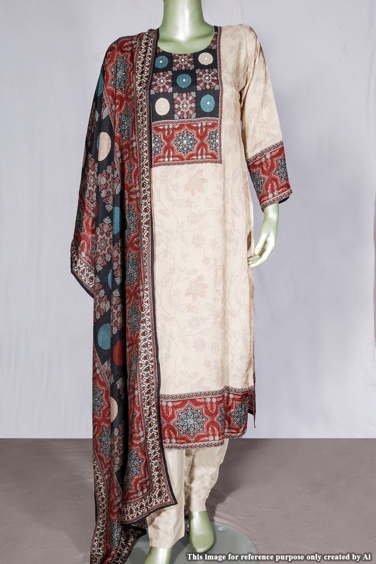 Tussar Maslin Suit with Neck Embroidery