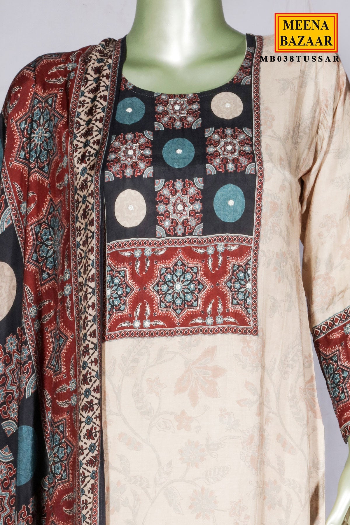 Tussar Maslin Suit with Neck Embroidery