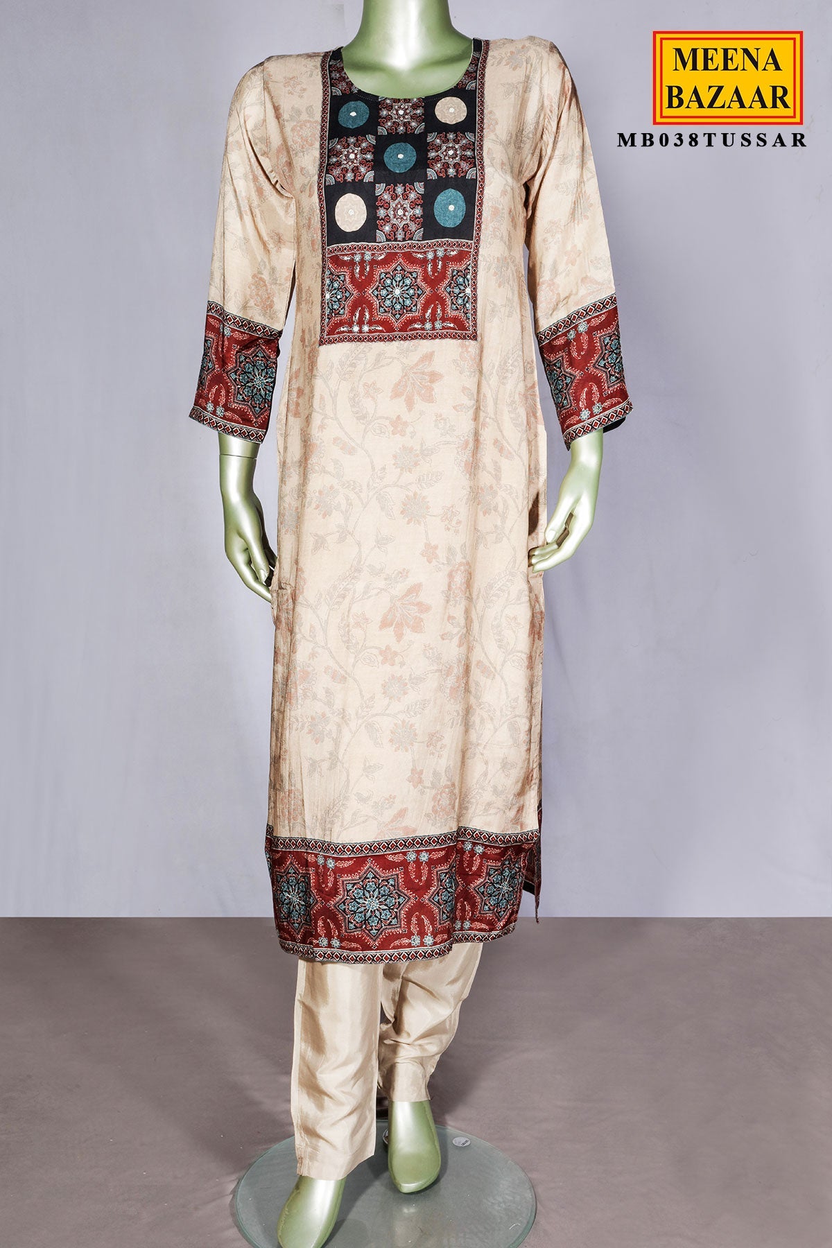 Tussar Maslin Suit with Neck Embroidery