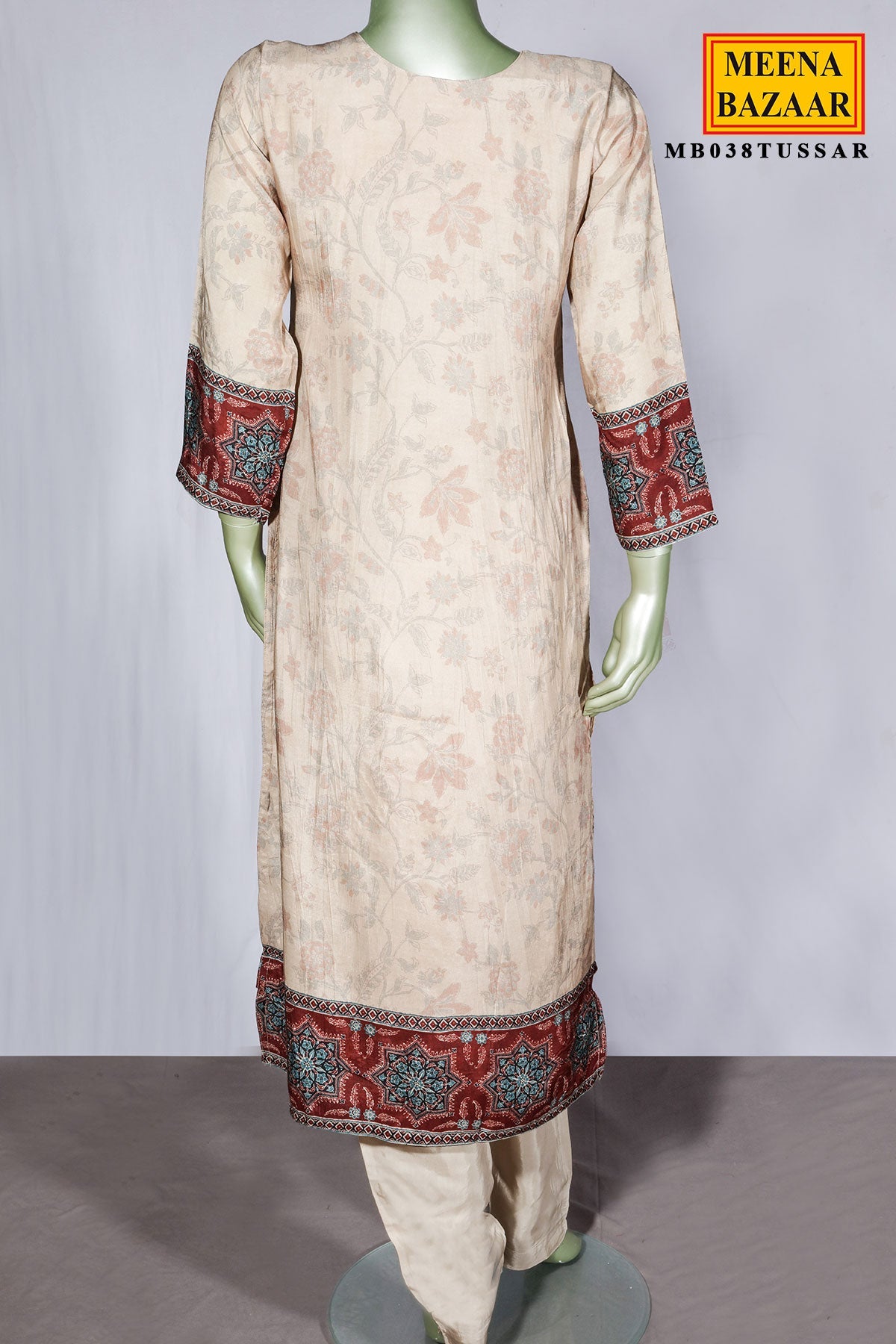 Tussar Maslin Suit with Neck Embroidery
