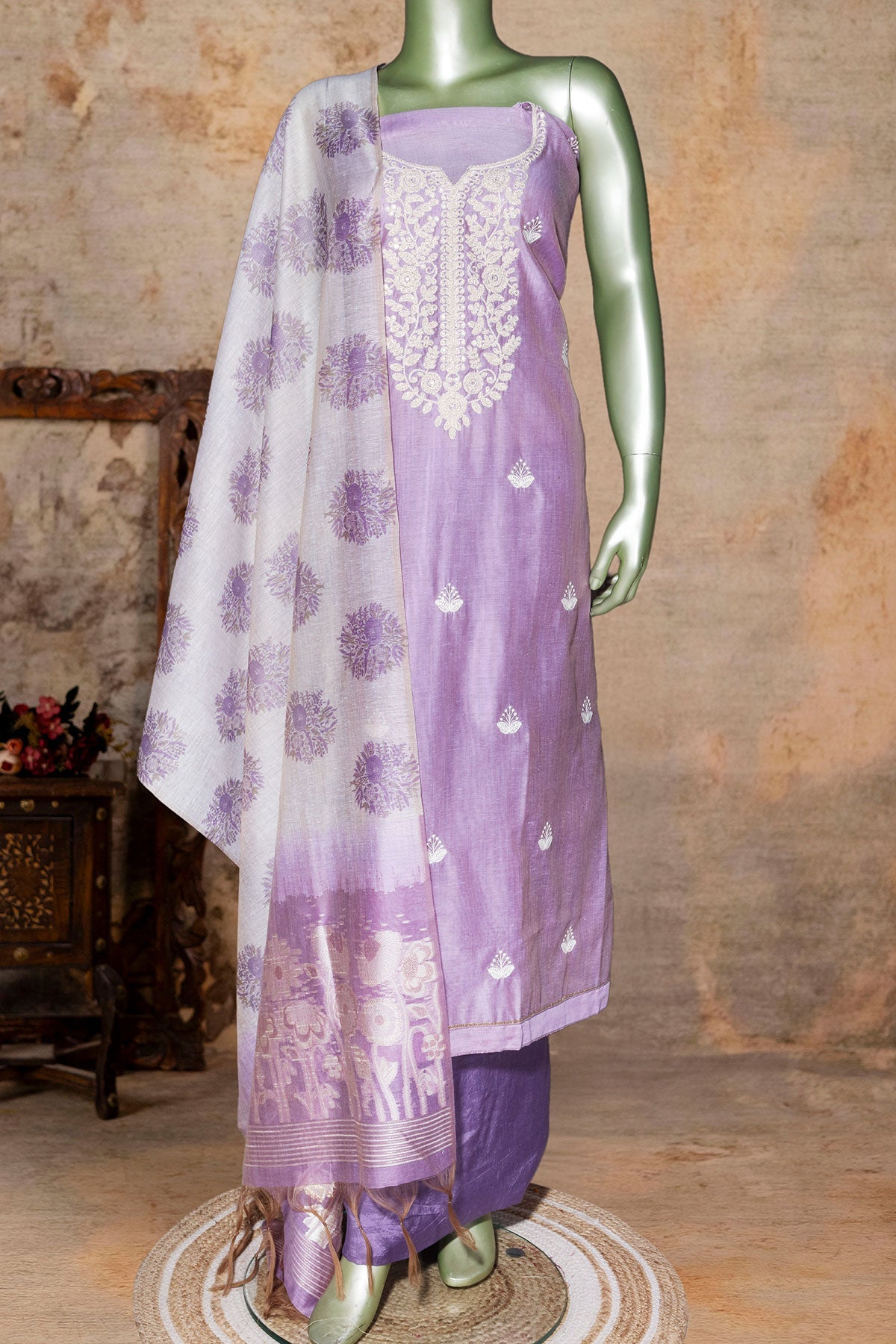 Mauve Embroidered Chanderi Unstitched Suit Set with Dupatta for Women