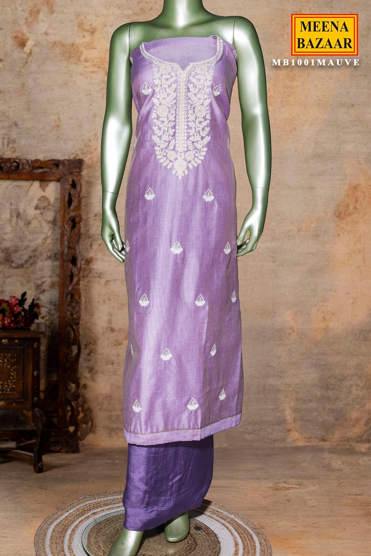 Mauve Embroidered Chanderi Unstitched Suit Set with Dupatta for Women