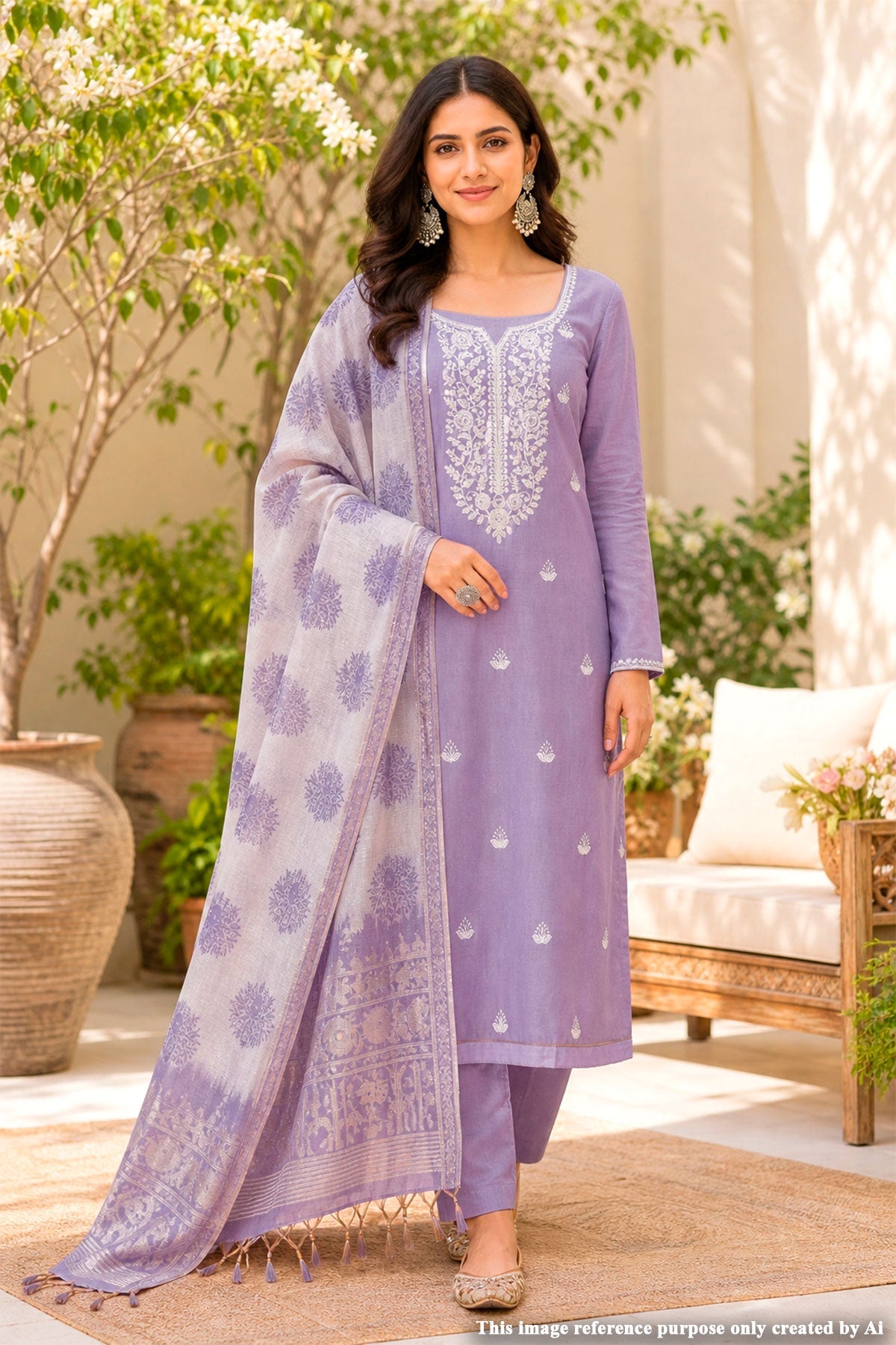 Mauve Embroidered Chanderi Unstitched Suit Set with Dupatta for Women