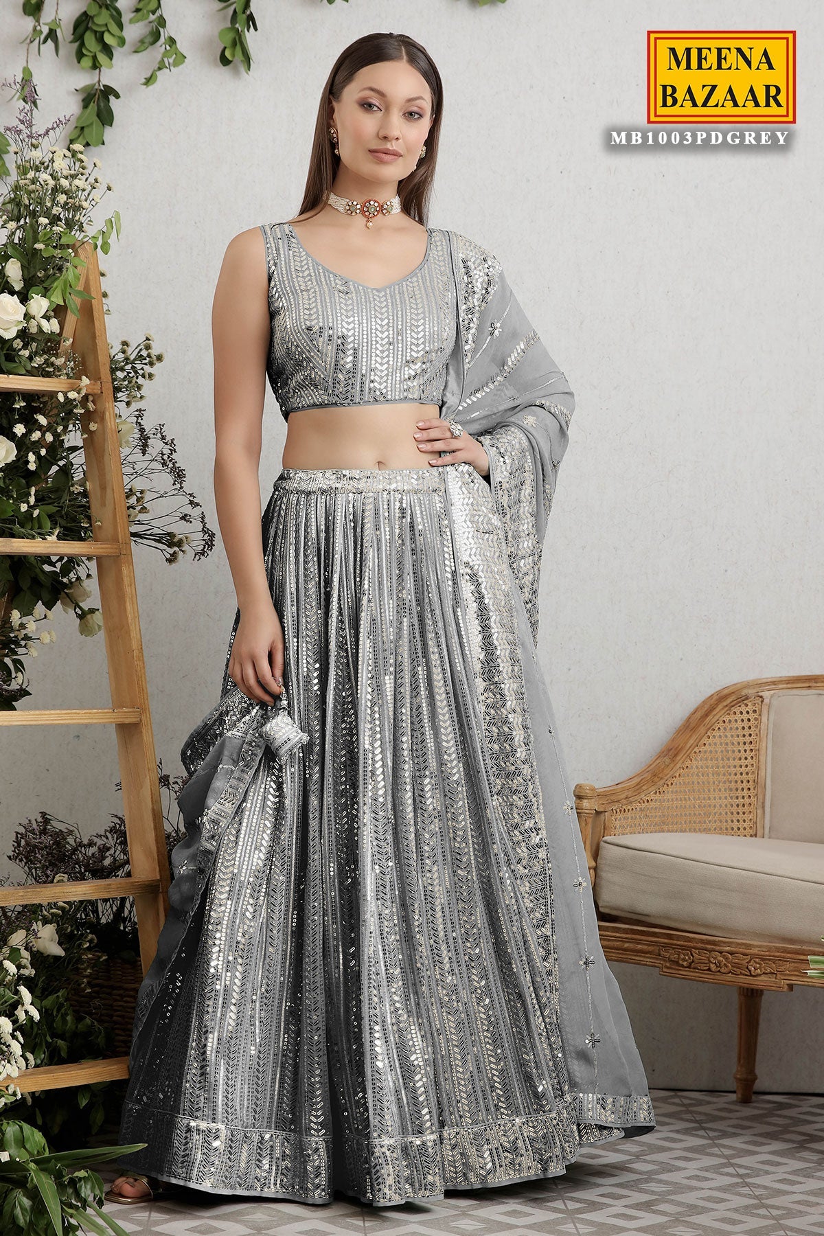 Grey Georgette Sequins Embroidered Lehenga