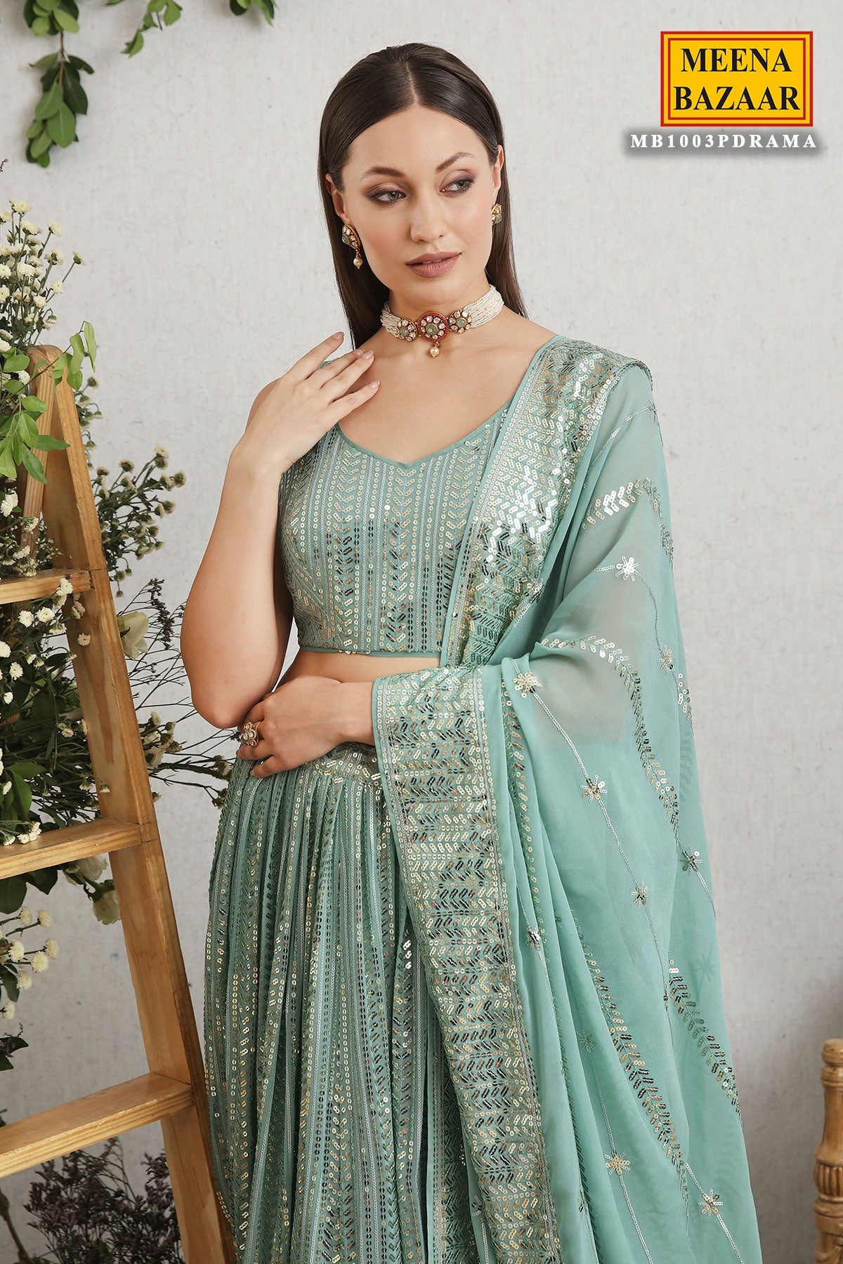 Rama Green Georgette Sequins Embroidered Lehenga