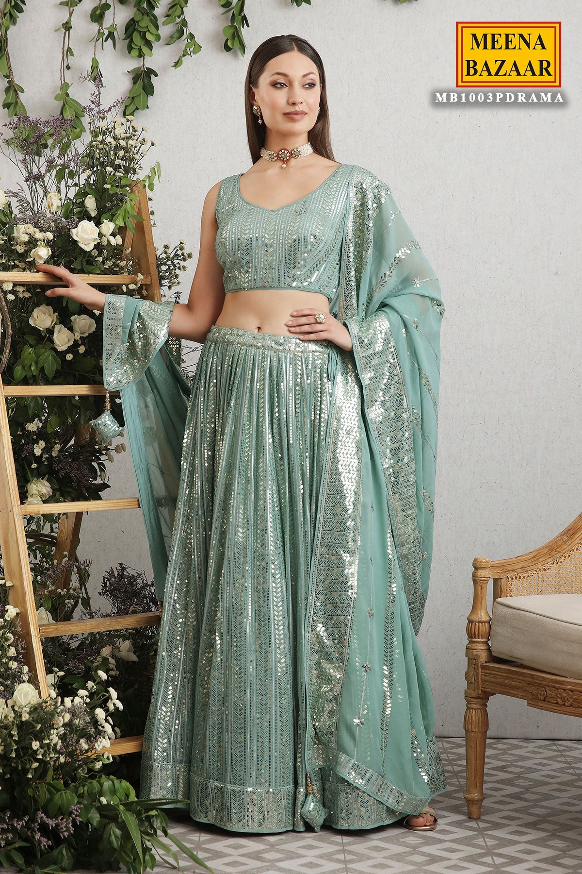 Rama Green Georgette Sequins Embroidered Lehenga