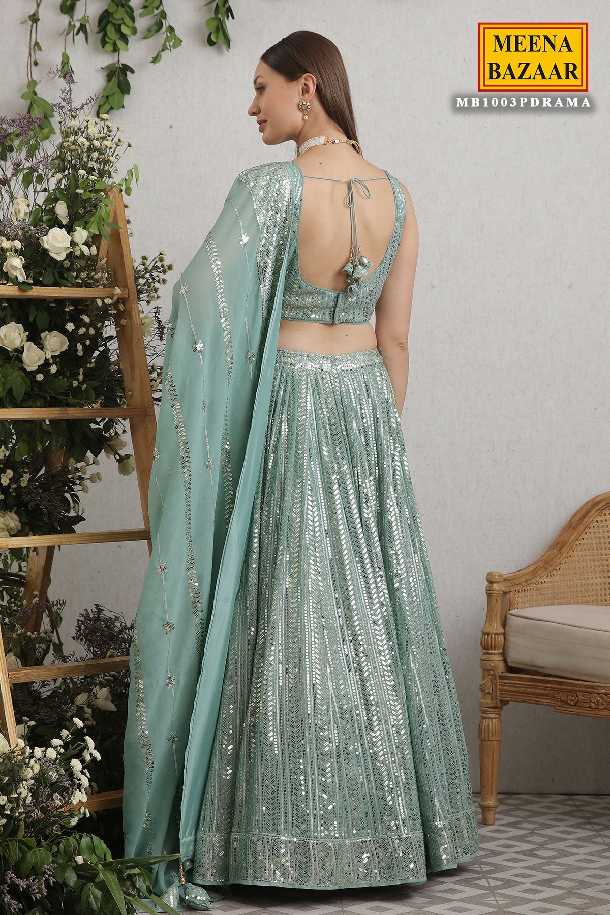 Rama Green Georgette Sequins Embroidered Lehenga