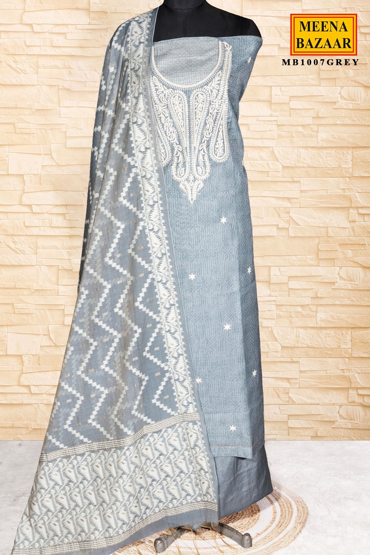 Grey Embroidered Kota Unstitched Suit With Elegant Printed Dupatta