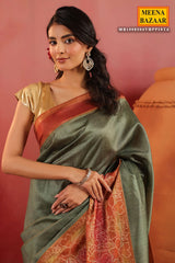 Pista Green Silk Saree with Contrast Rust Border & Floral Pallu