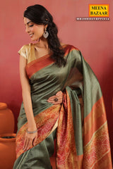 Pista Green Silk Saree with Contrast Rust Border & Floral Pallu